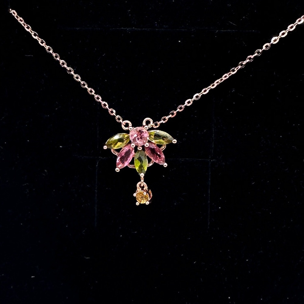 Pink green & yellow multicolor tourmaline necklace 18k rose gold s925